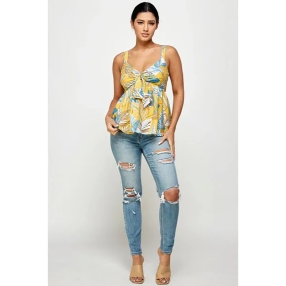 Honey Yellow Blue Tropical Floral Knotted Cami Babydoll Summer Vacation Tank Top - Picture 3 of 5